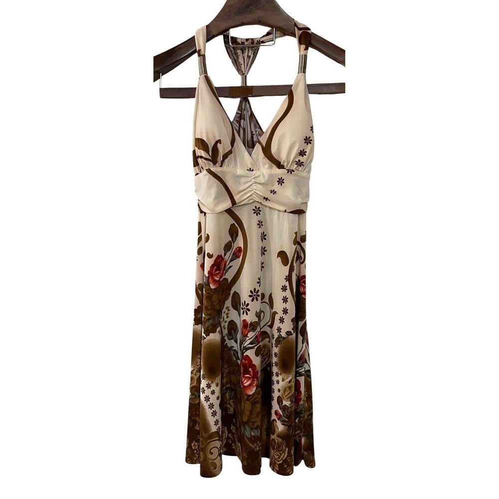 Vtg Paradise Y2K Floral Halter Empire Waist Dress Fit Flare Babydoll Fairy Sz  S
